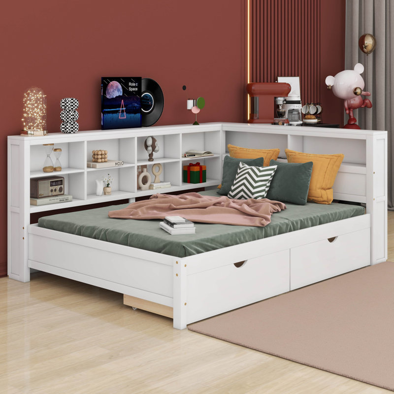 Lit de jour en bois Candrice avec 2 tiroirs, tablette de rangement et ports de chargement USB, Complète, Blanc