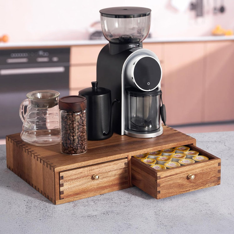 Tiroir de rangement en K en bois d'acacia, boîte à café et boîte de rangement pour le thé avec coussin antidérapant, capacité de 30 capsules sous la cafetière, support de station de comptoir