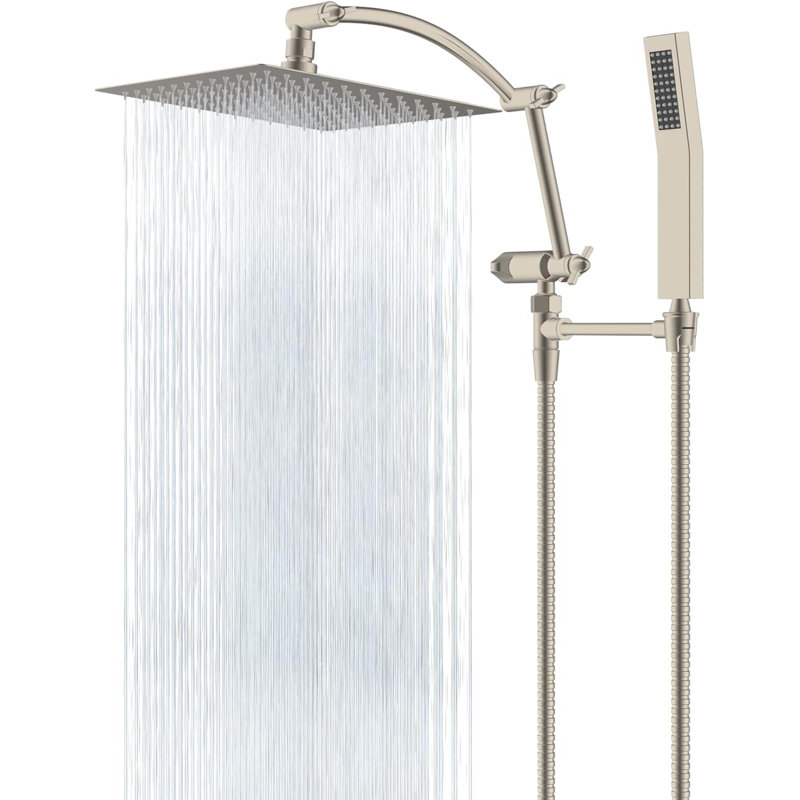 Brushed Nickel 10" Square Rain Shower Head with Adjustable Handheld Wand