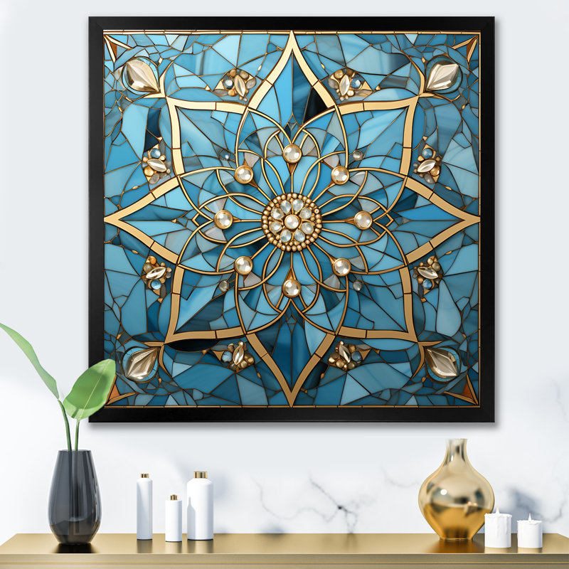 Art mural bleu et or mandala I, Cadre simple noir, H 30 po x l 30 po x P 1,5 po