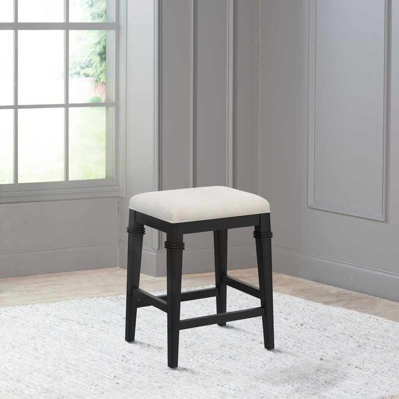 Arasch Wood Backless Counter Height Stool, Wire Brush Black/Ecru Linen