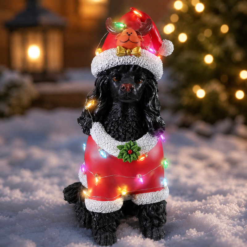 Statue de Noël chien caniche avec tenue de père Noël