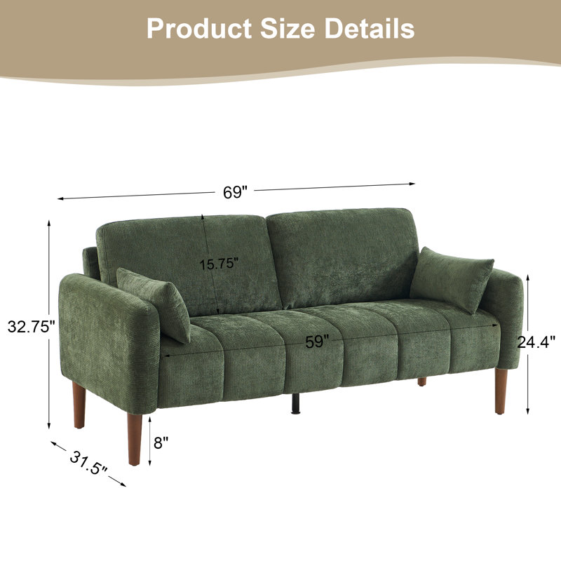 69" Mid-Century Modern Channel Tufted Loveseat, Olive