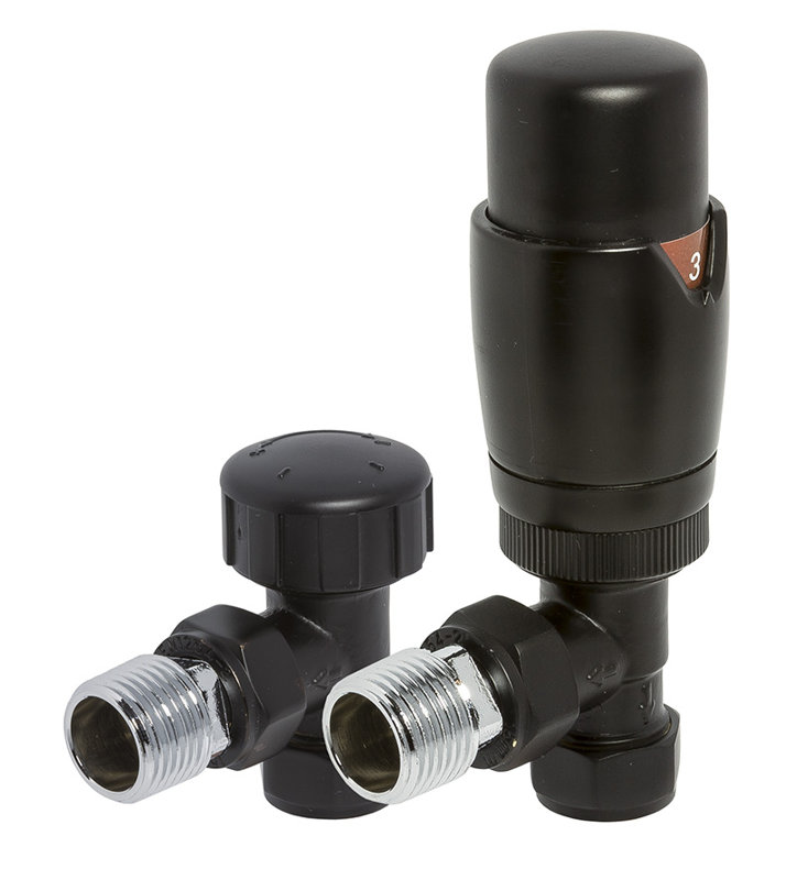 Round Angled Thermostatic Radiator Valve and Lockshield Valves, Black