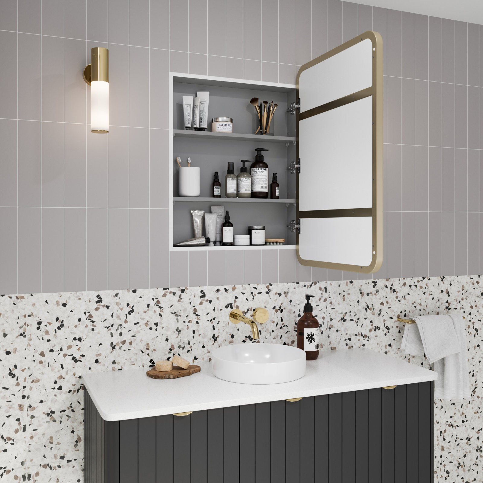 Calla Stainless Medicine Cabinet, Satin Brass