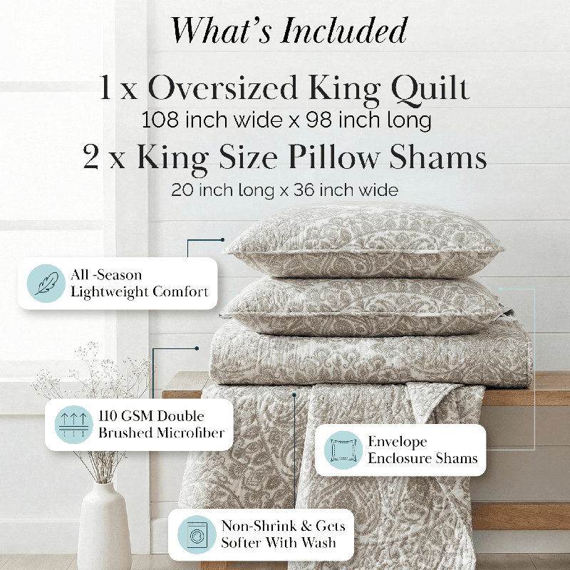 Ashanti Oversized easy care lightweight Quilt Set by Southshore Fine Linens, King Quilt + 2 King Shams, Bone