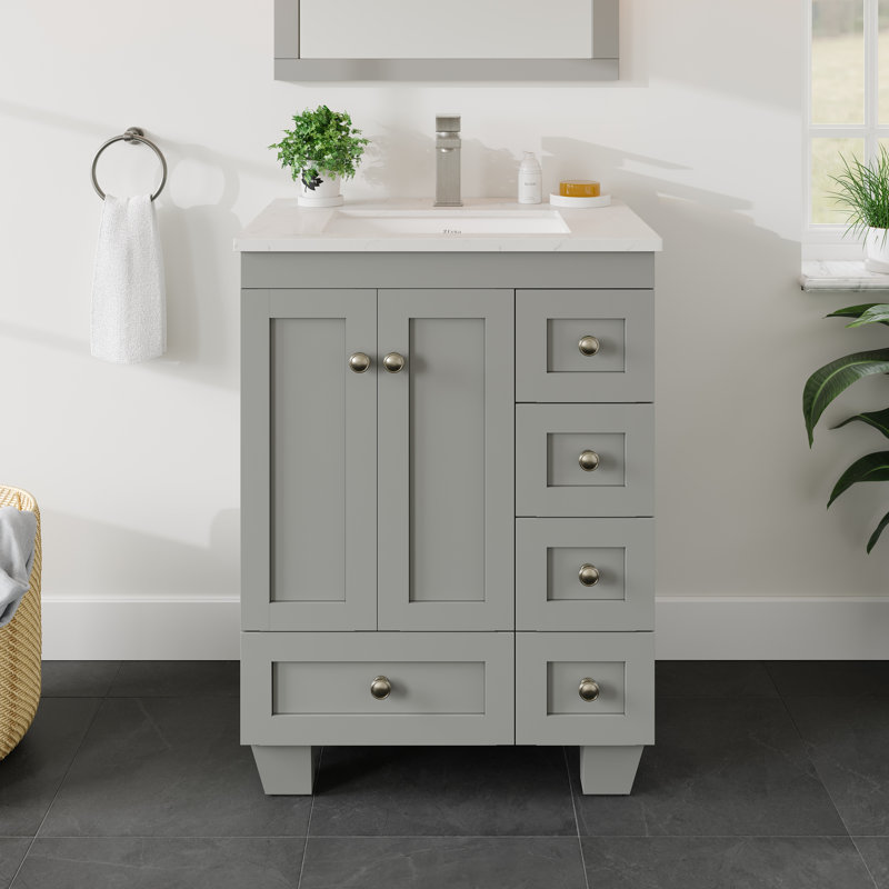 Yena 24"W x 22"D Bathroom Vanity with Undermount Porcelain Sink, Gray, Quartz - White Carrara
