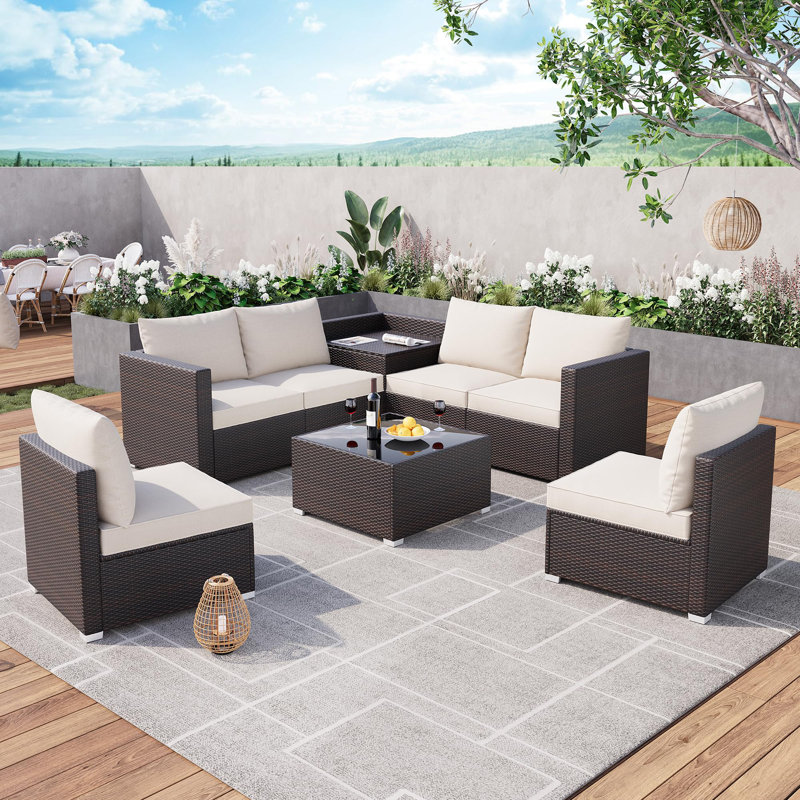 8 Pieces Outdoor Patio Furniture Set With Storage, 4 Inch Cushions Outdoor Wicker Rattan Patio Furniture Sectional Set