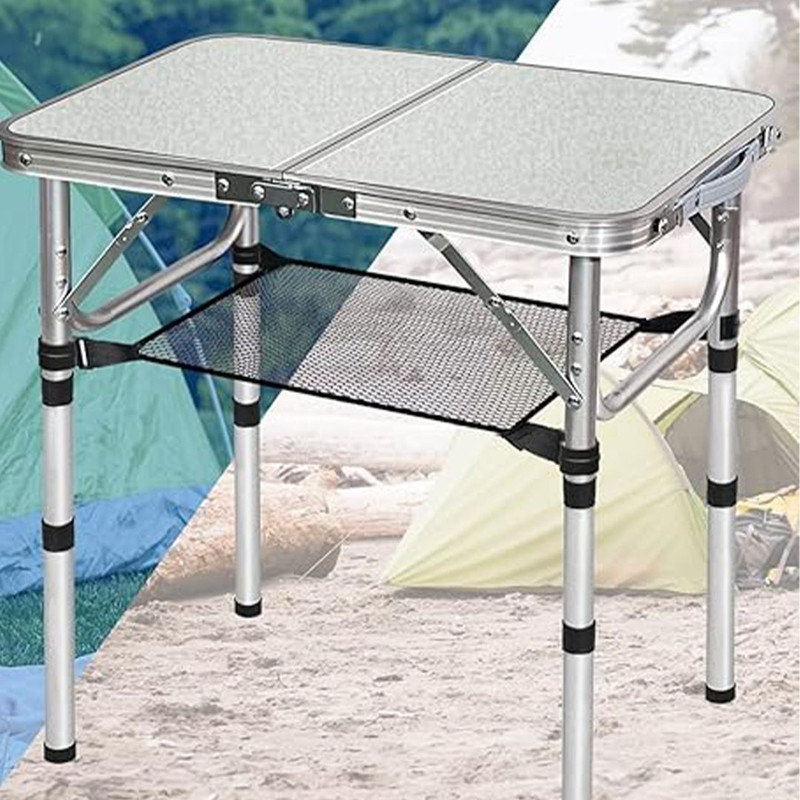 Small Folding Table, 3 Adjustable Height Foldable Table, Outdoor Folding Table with Net Mesh, White Metal Folding Table for Patio BBQ