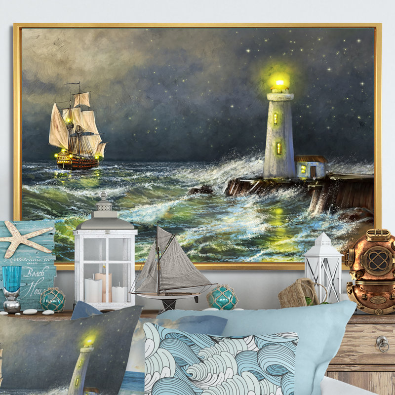 Phare sur la plage - art nautique et côtier sur toile, H 8 po x l 12 po x P 1 po, Cadre flottant doré