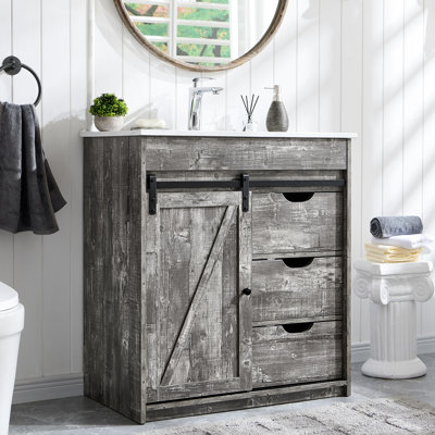 30" Farmhouse Vanity with Sink, 33.7" Tall with Sliding Barn Door, Wooden Floor Standing Cabinet w/3 Drawers & Adjustable Shelves