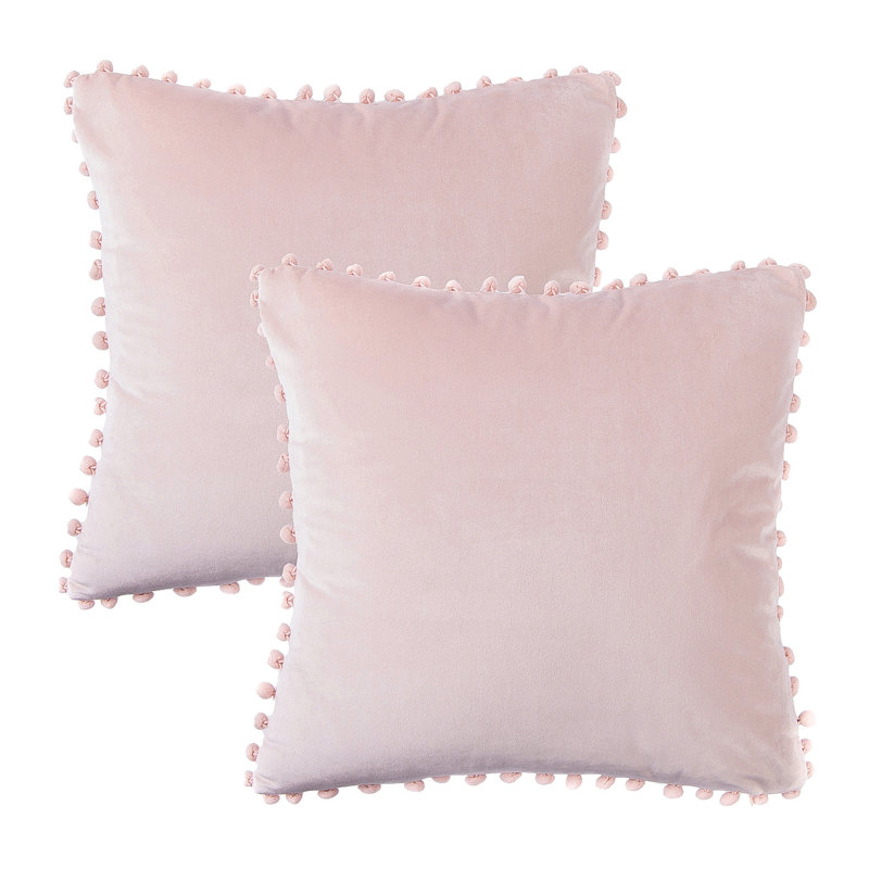 Coussin Silky Velvet Series Pom-poms, Carré 18 po, Rose clair, Housse de coussin et insert