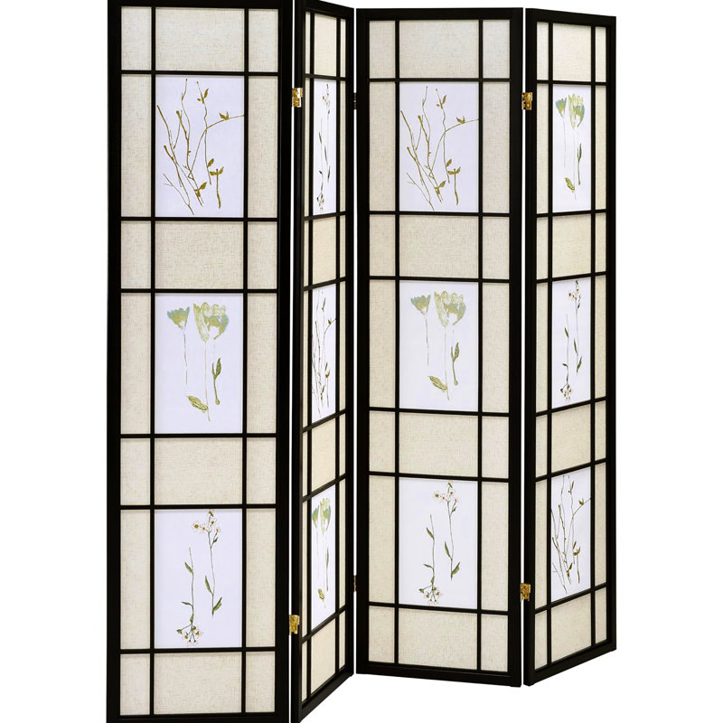 Paravent en pin avec motif floral délicat - cadre tactile décoratif noir, enrichissement de pièce