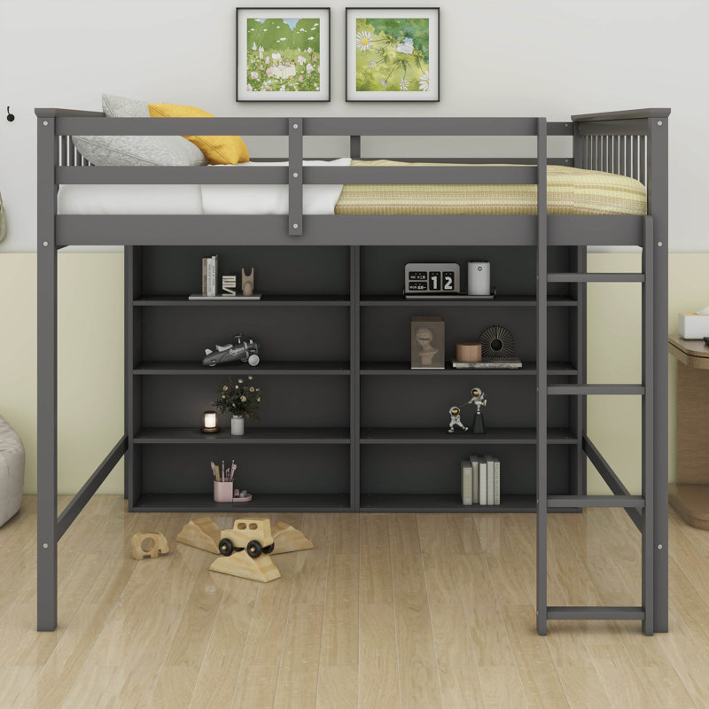 Full Size Loft Bed With Storage, Wooden Loft Bed Frame With 8 Open Storage Shelves And Built-In Ladder, Antique Gray