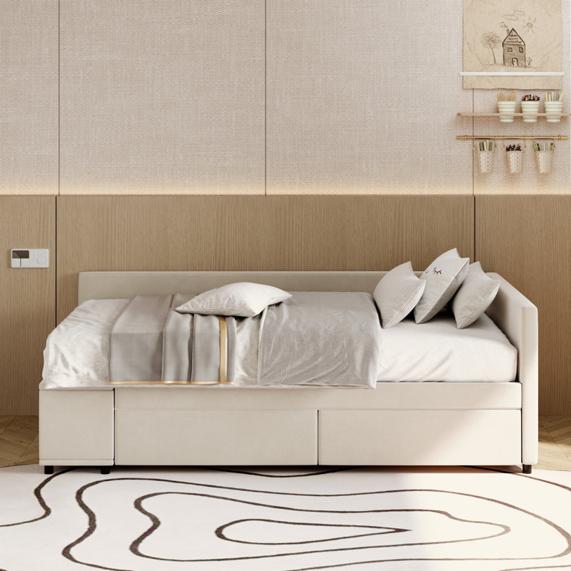 Lit plateforme simple tapissier en forme de L avec rangement et tiroirs, Beige