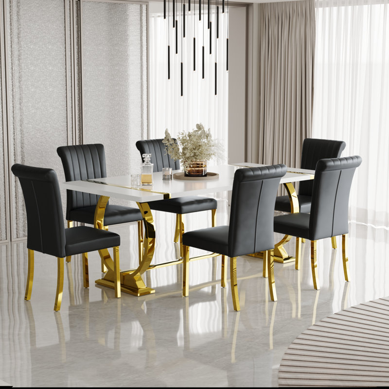 Ensemble de table de salle à manger 7 pièces Glam Gold avec 6 chaises en cuir noir et or, 7 pièces: table, 6 chaises, Noir