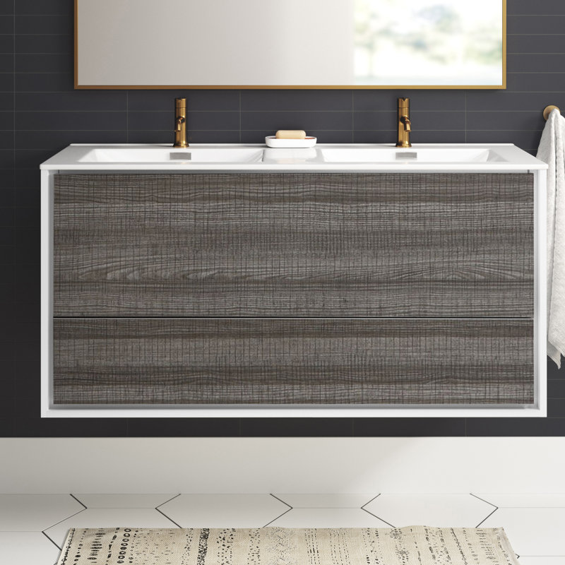 Ensemble de meuble-lavabo double mural 47 po Trieu, Gris cendré