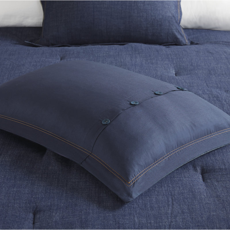Blue Cotton King Bedspread Set with Button Detail