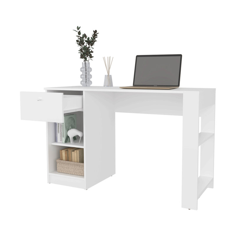 Bureau d'ordinateur avec tiroir et rangement ouvert, Blanc