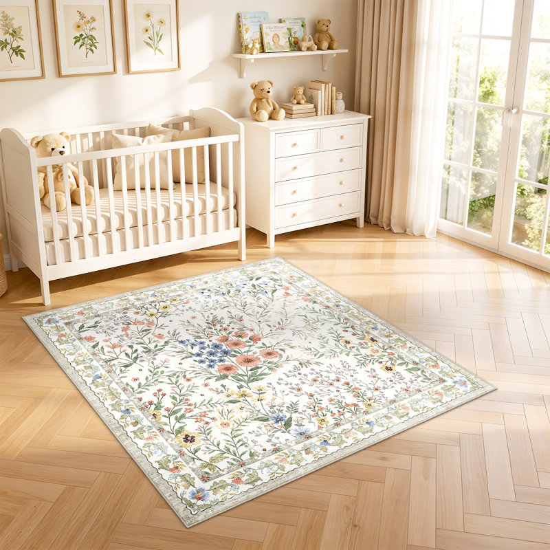 Tapis lavables à motif floral (120 x 100 cm) : Tapis imprimé floral bohème mignon, antidérapant, à poils courts, idéal pour le salon, la chambre, la cuisine, le bureau, l'entrée, le couloir ou une pièce de style champêtre.