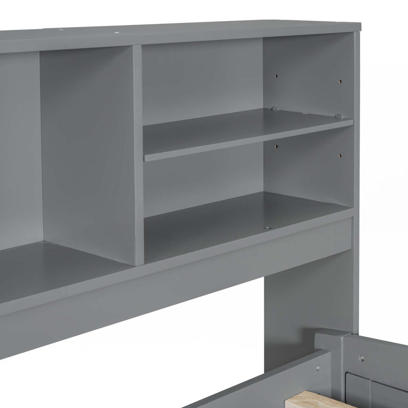 Full Size Wood Daybed With 2 Bedside Cabinets, Upper Shelves And 4 Drawers, Gray