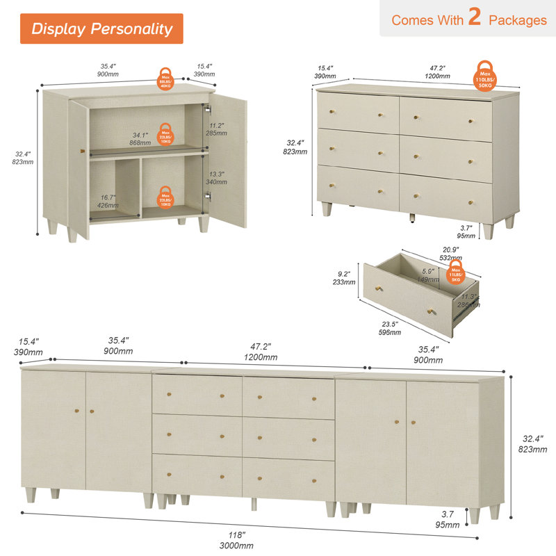 Lysiane 118" W 6-Drawer 4-Door Combo Dresser, Beige/Gold