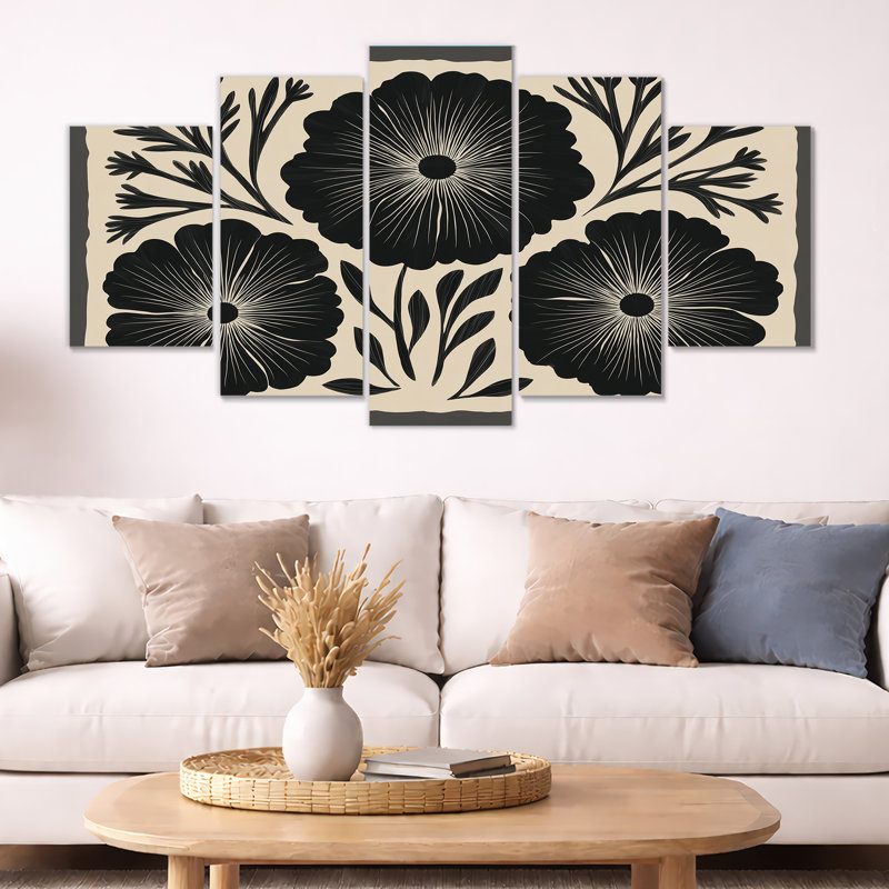 Bleuet Meadows dans des tons de noir et de beige - bleuet, art mural, impression sur toile à motif floral noir 5 panneaux