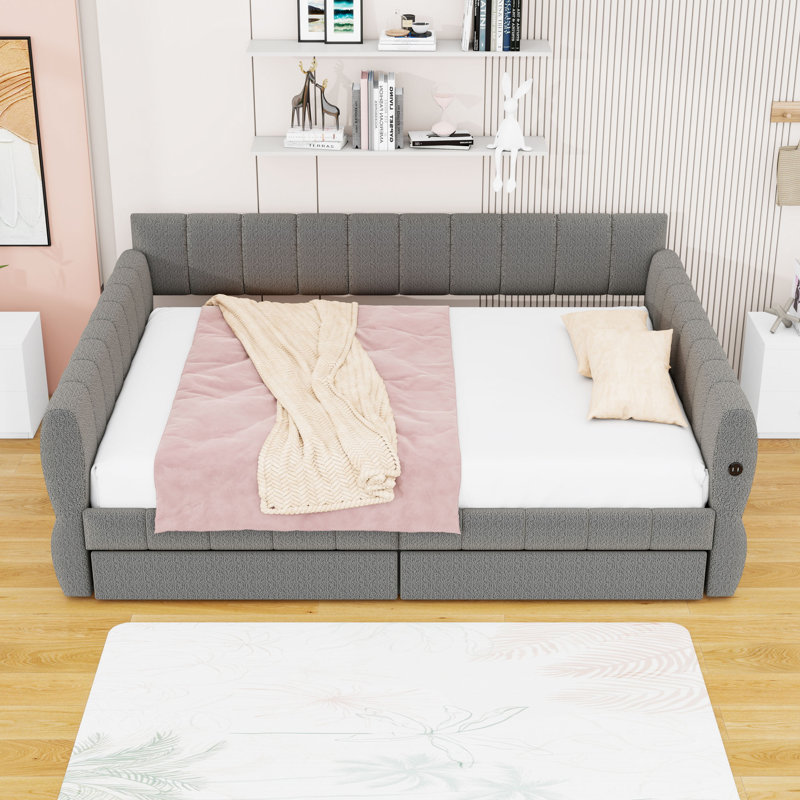 Queen Two Drawers Upholstered Platform Bed with USB, Gray