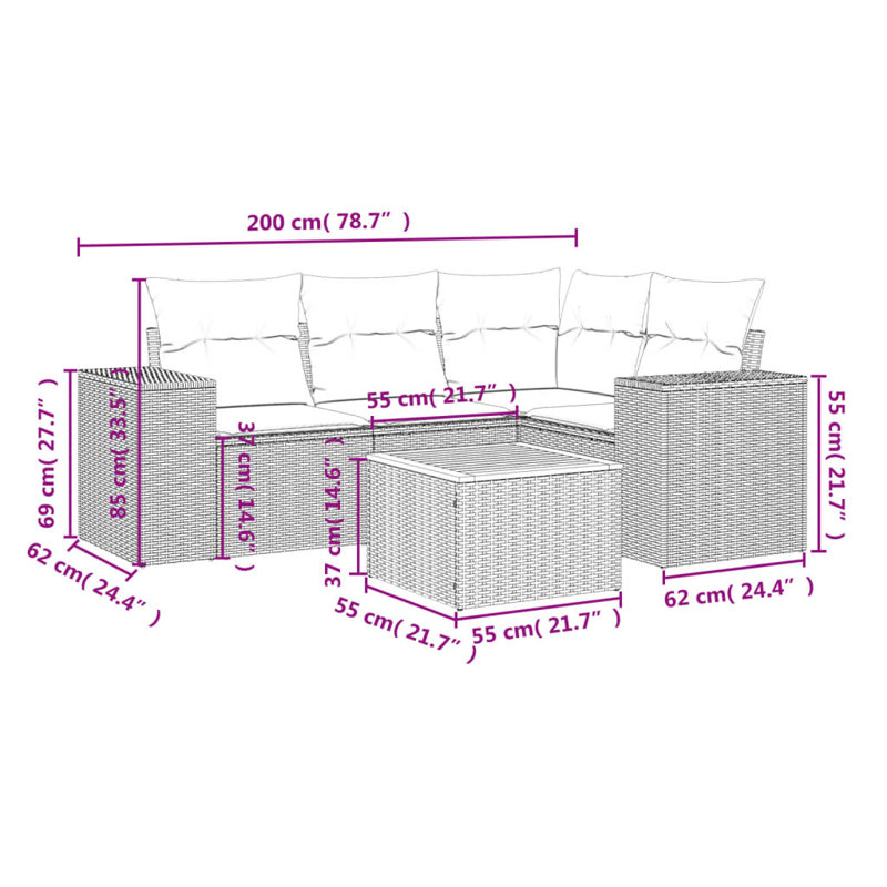  Ensemble de canapé de patio 5 pièces avec coussins en rotin de polyester noir