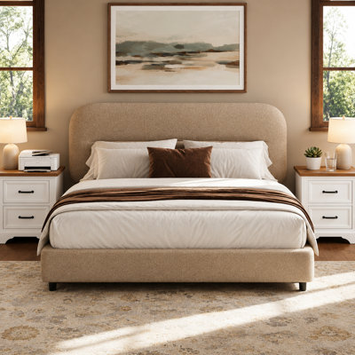 Modern Boucle Upholstered Curved Bed with 2-Piece Farmhouse Nightstand Set-3-Piece Bedroom Suite