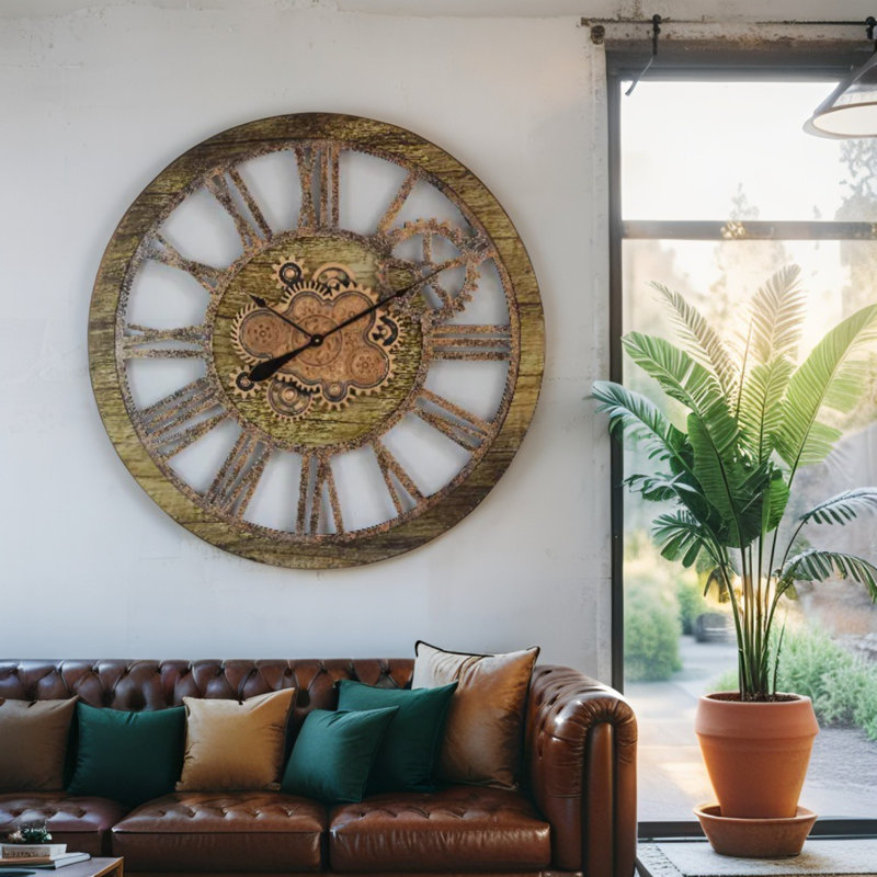 Wall Clock 36" Round Oversized for Living Room decor with Real Moving Gears America Collection, Gold Antique