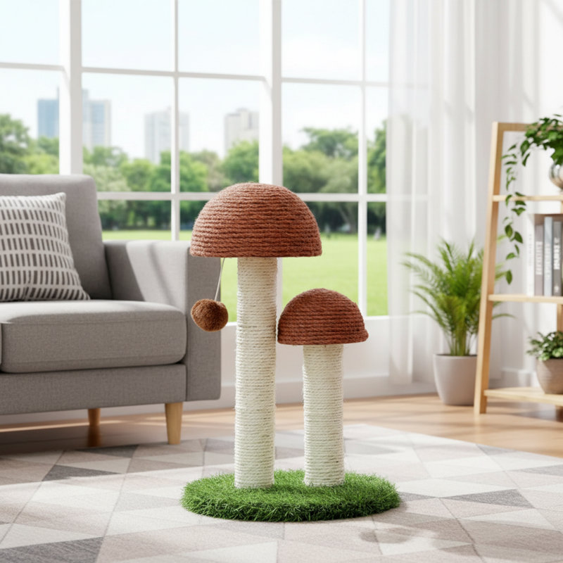 Grattoir en forme de champignon, fabriqué en sisal naturel, spécialement conçu pour les chatons et les petits chats. Couleur brune élégante et pratique.