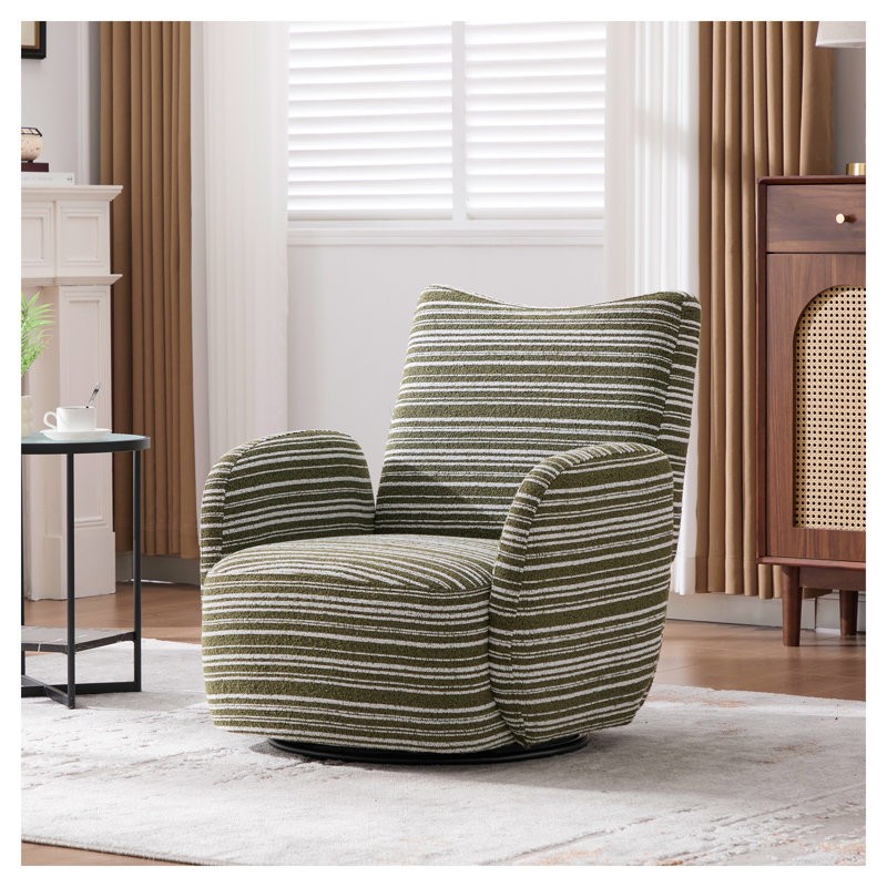 Fauteuil d'appoint pivotant vert olive Olive | Fauteuil demi-tonneau moderne en tissu rayé pour le salon et la chambre à coucher