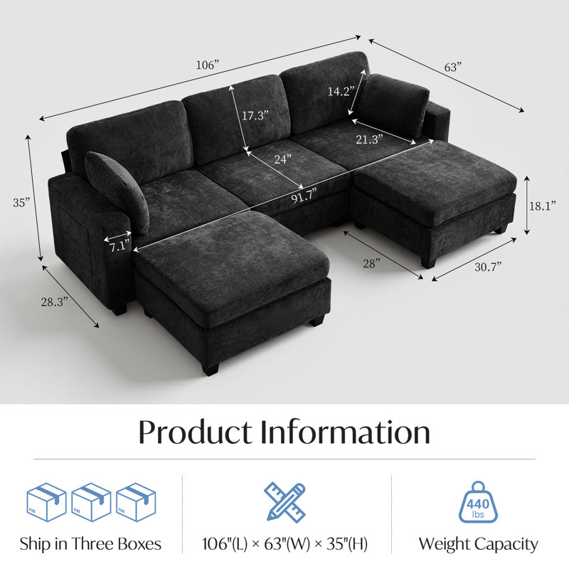 106" Wide Reversible U-Shaped Modern Modular Sectional Sofa With 2 Ottomans, Charging Port, Arm Pillows, Side Pockets