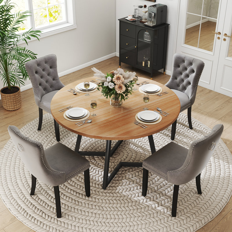 Round Wooden Dining Set with Velvet Dining Chair, Black, Brown
