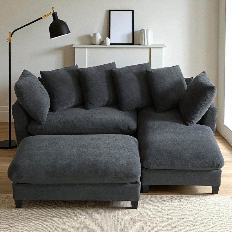Canapé modulaire rembourré en L avec repose-pieds mobile, Chenille noir