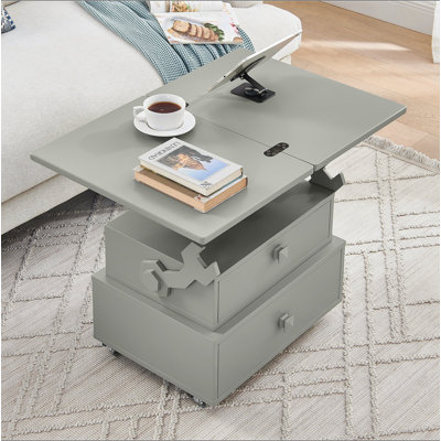 Table de bout roulante à hauteur ajustable laquée ultrabrillante avec station de charge et roues universelles avec freins, table à plateau relevable multifonctionnelle avec tiroirs de rangement pour la chambre à coucher du salon