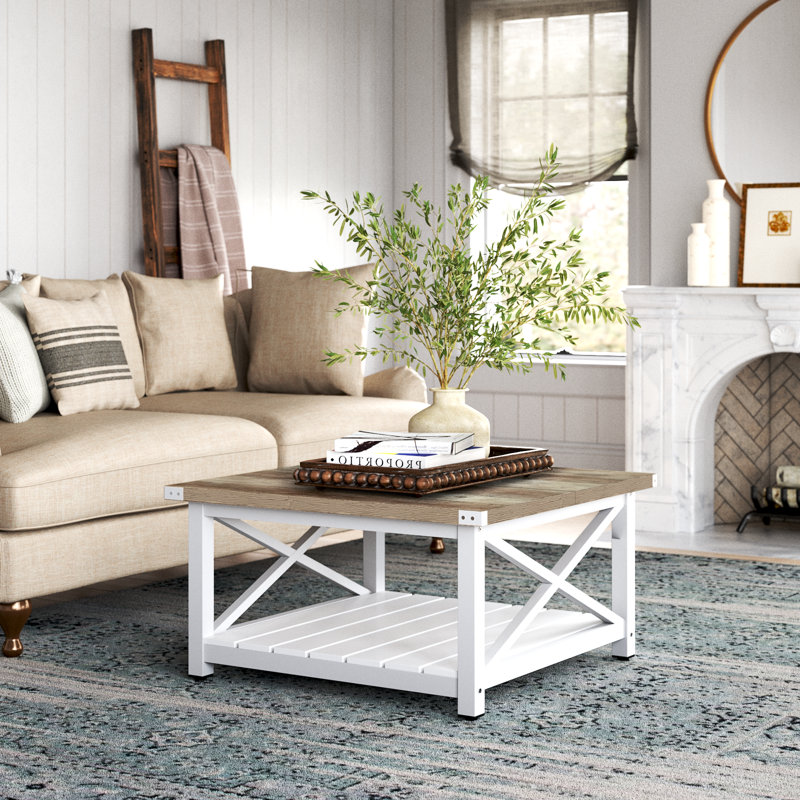 Castellanos Square Coffee Table with Storage For Living Room, White, Gray Wash