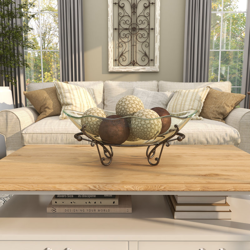 Tempered Glass Scalloped Edge Kitchen Serving Bowl with Bronze Metal Scroll Stand