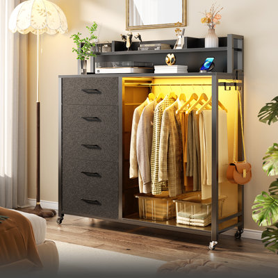 Jeremyiah 5 Drawers Dresser with Charging Station & LED Lights,Storage Shelves