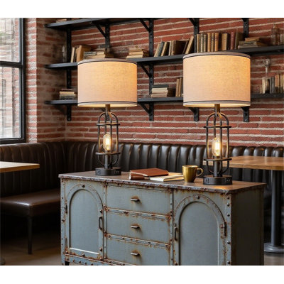 Farmhouse Table Lamps Set Of 2 With USB Charging Ports And LED Bulbs Included, Industrial Nightstand Lamp For Bedroom Living Room