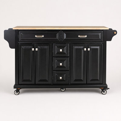 Kitchen Island with Rubberwood Countertop, Kitchen Cart on 5 Wheels with Storage Cabinet and 5 Drawers for Dining Room, Black