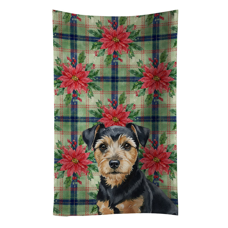 Black and Tan Norfolk Terrier Christmas PoinsettIas Kitchen Towel, Black/Tan Norfolk Terrier