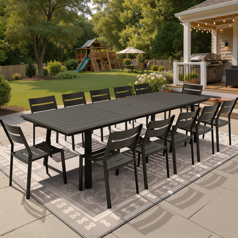 Ensemble de salle à manger d'extérieur en aluminium pour 12 personnes avec chaises empilables et trou pour parasol (lot de 13)