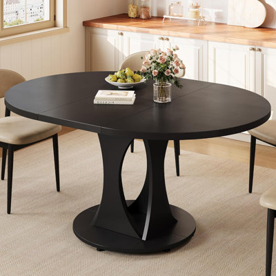 Table de salle à manger ronde extensible de 43,3 po à 59 po pour 6 à 8 personnes, table de salle à manger avec base double courbée et panneau arrière à boucle, table de salle à manger circulaire moderne pour cuisines, salles à manger, salons, noir