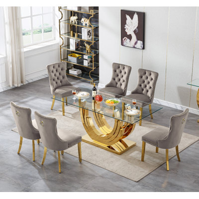 Modern Glass Dining Table Set, Clear Glass Dining Table with Stainless Steel Pedestal & Dining Chairs, 70" Rectangle Dining Room Table and Chairs Set, Luxury Kitchen Table Set