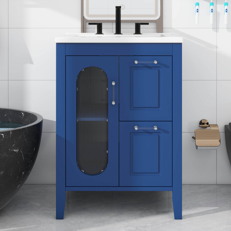 Meuble-lavabo 24 po avec deux tiroirs et une tablette réglable, Bleu