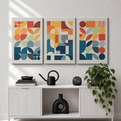 Abstract Vibrant Color Blocks "Contemporary Bold Orange Blue Abstract Artwork, Mid Century Modern Boho Pictures, 3 Pieces Framed Canvas Giclee Digital Print Wall Art"