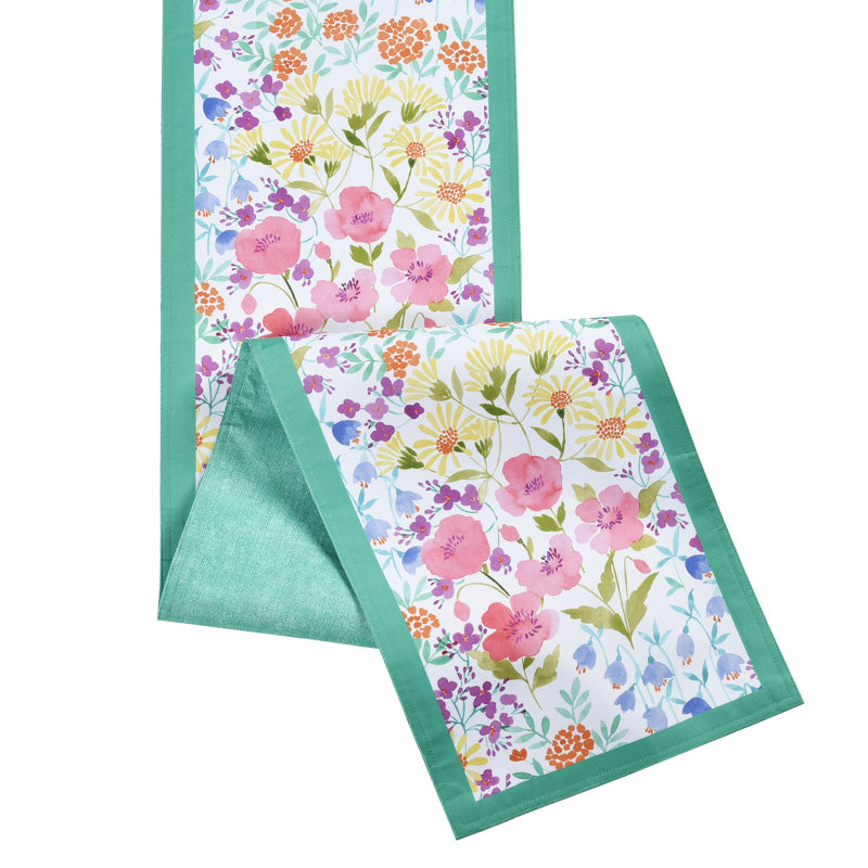 Floral Watercolor Polyester Table Runner with Green Border