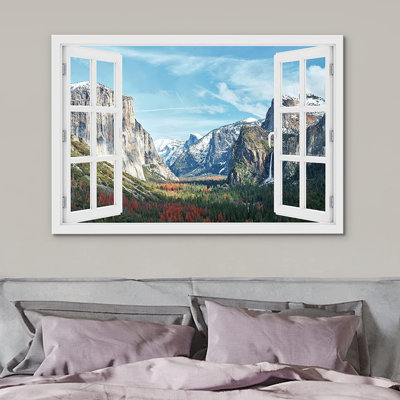 IDÉE4WALL, reproduction d'art sur toile, fenêtre, vue, montagne, forêt, vallée, nature, nature, photographie, réalisme, paysage rustique, coloré, multicolore, décor pour le salon, la chambre à coucher, le bureau
